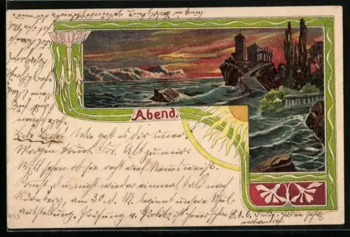 Lithographie Flusspartie bei Sonnenuntergang im Jugendstil