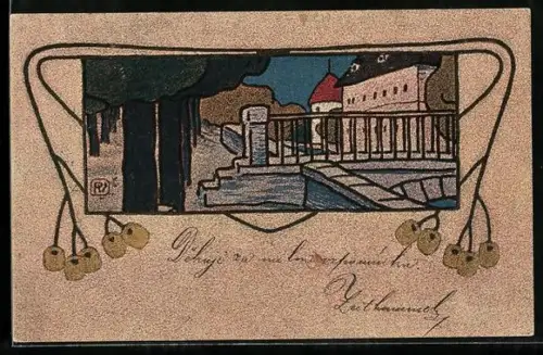 Künstler-AK Dorfpartie im Jugendstil-Rahmen