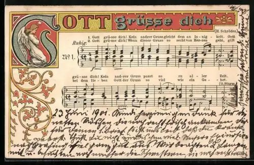 AK Liedtext und Musiknoten Gott grüsse dich mit Engel, Jugendstil