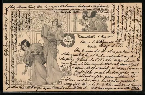 Lithographie Zwei Damen in eleganten Gewändern pflücken Früchte, Jugendstil