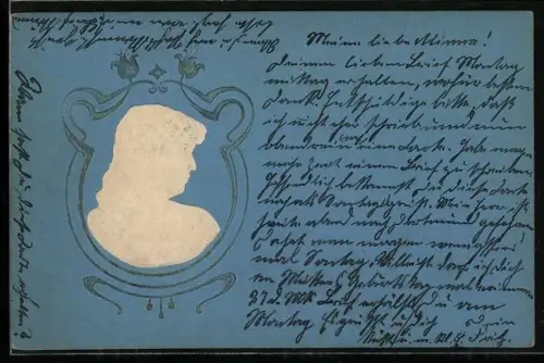 Präge-AK Porträt einer Dame in filigranem Rahmen mit Blumen, Jugendstil