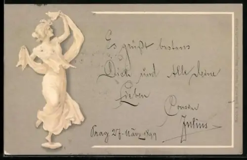 Lithographie Tanzende Dame mit Tuch im Jugendstil