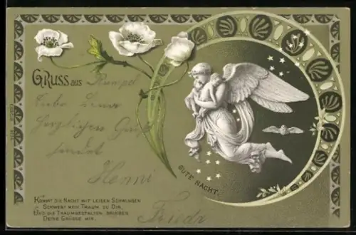 AK Engel mit 2 Kindern und Eule im Rahmen, Jugendstil