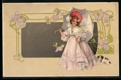 Künstler-AK Mädchen in rosanem Kleid mit einem Welpen, Jugendstil