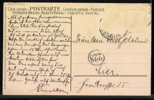 Künstler-AK Mädchen in rosanem Kleid mit einem Welpen, Jugendstil