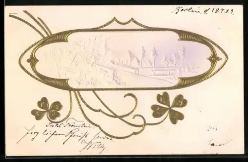 Präge-AK Dorfidylle mit Kirche in goldenem Rahmen, Jugendstil