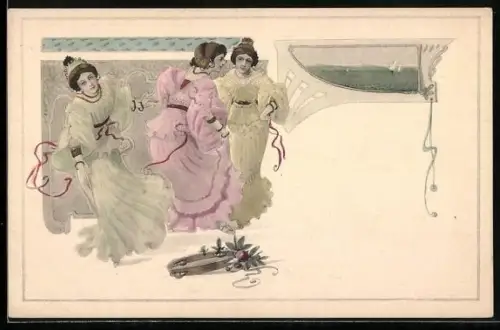 Künstler-AK M. Munk: Drei junge Frauen in Rüschenkleidern und roten Schleifen