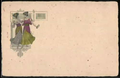 Künstler-AK Zwei Damen in eleganten Kleidern im Jugendstil