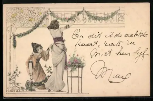 Künstler-AK Zwei Frauen beim Aufhängen einer Girlande, Jugendstil