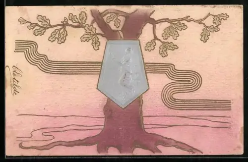 Präge-AK Dame in fliessendem Gewand auf einem Schild vor einer Eiche, Jugendstil