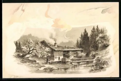 Präge-AK Idyllische Dorfpartie im Mondschein, Dame in fliessendem Gewand, Jugendstil