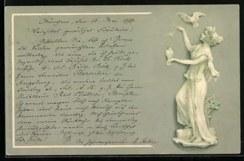 Lithographie Elegante Dame mit zwei Tauben, Jugendstil