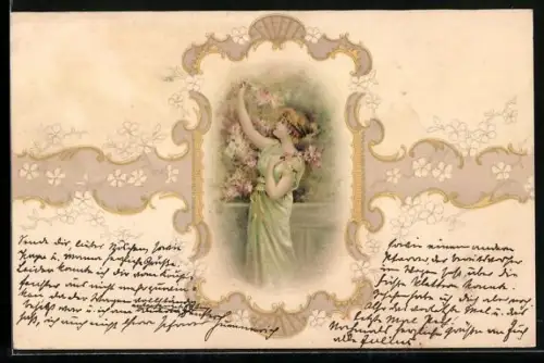 Lithographie Dame in grünem Kleid vor Blumen im Jugendstil