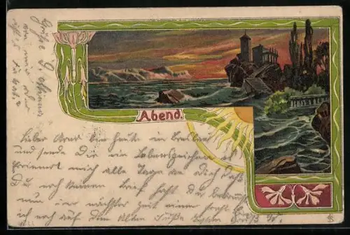 Lithographie Unruhige See in der Abenddämmerung, Jugendstil