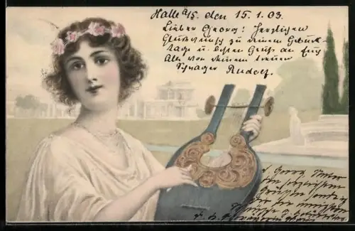 Künstler-AK Dame mit Laute und Blumenkranz im Haar, Jugendstil