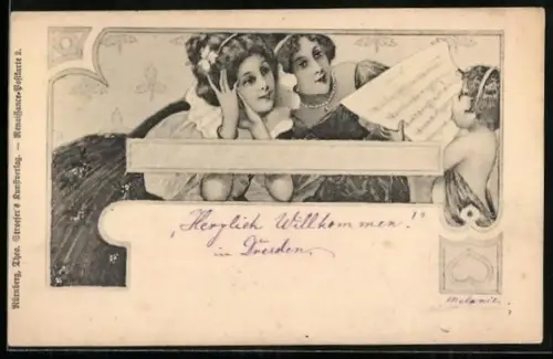 Künstler-AK Zwei Damen hören einem Kind beim Singen zu, Jugendstil