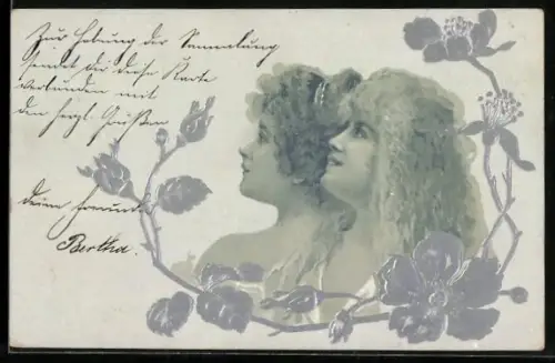AK Zwei junge Damen und Blumen im Jugendstil