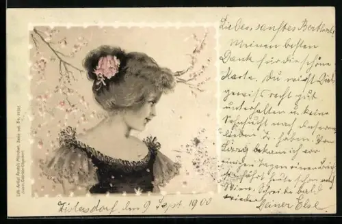 Lithographie Porträt einer Dame vor einem blühenden Baum, Jugendstil