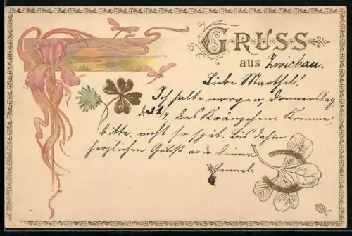 Präge-AK Landschaftsidyll bei Sonnenuntergang mit Klee und Hufeisen, Jugendstil