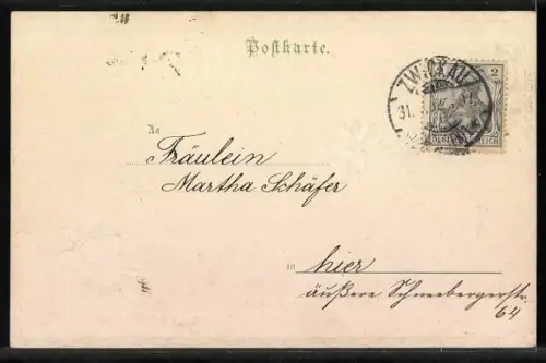 Präge-AK Landschaftsidyll bei Sonnenuntergang mit Klee und Hufeisen, Jugendstil