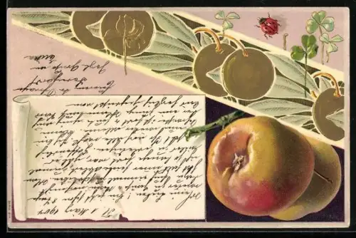Präge-AK Früchte mit Klee und Mariechenkäfer im Jugendstil
