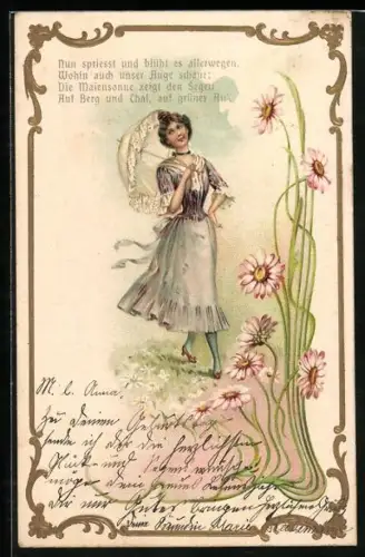 AK Dame mit Schirm im Jugendstil