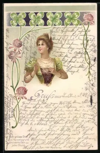 AK Dame mit Perlenkette im Jugendstil