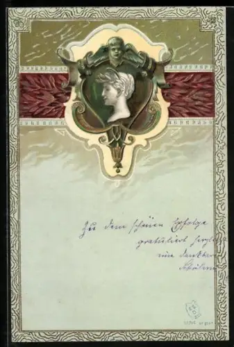 AK Dame mit Lorbeerkranz im Jugendstil