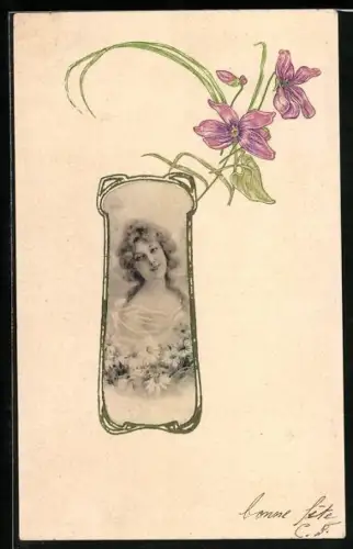 AK Junge Frau mit Jugendstil-Blumen