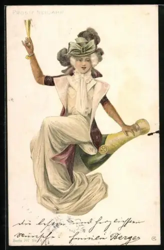 AK Fräulein auf Sektflasche mit Glas in der Hand, Neujahrsgruss