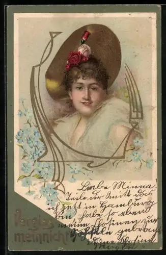 AK Dame mit Hut, Jugendstil