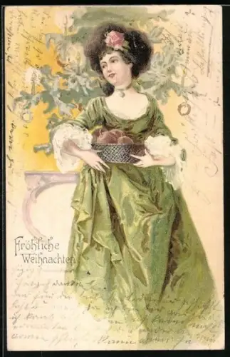 AK Dame mit Korb voll Äpfel, Jugendstil