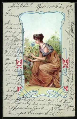 AK Frau riecht an einer Blume, Jugendstil