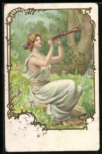 AK Frau spielt Flöte, Jugendstil