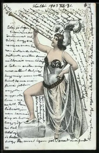 AK Frau mit Tröte, Jugendstil