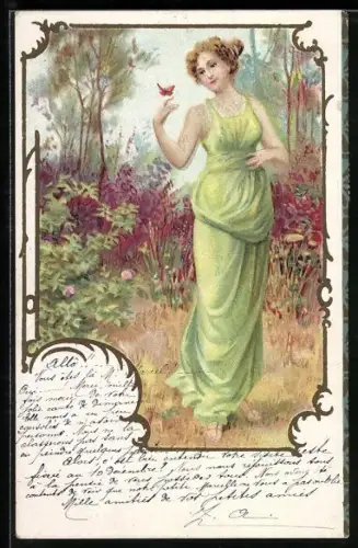 AK Dame mit Schmetterling, Jugendstil