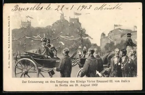 Künstler-AK Berlin-Tiergarten, Empfang des Königs Victor Emanuel III. von Italien 1902, Siegesallee