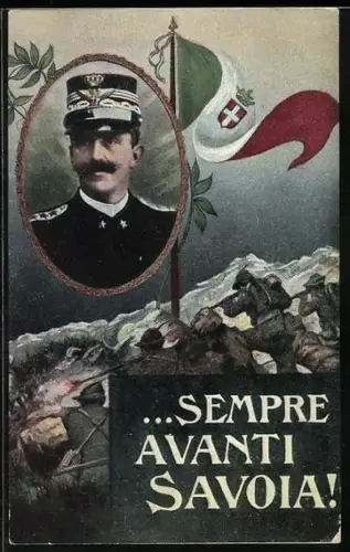 AK König von Italien, Soldaten mit Flagge