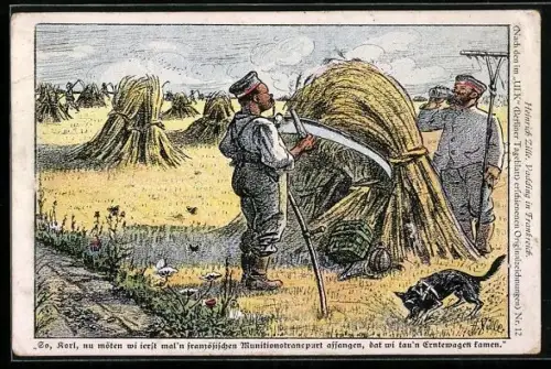 Künstler-AK Heinrich Zille: Pioniere bei der Heuernte mit Sense und Harke