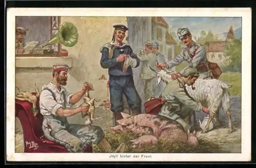 Künstler-AK A. Thiele: Idyll hinter der Front, Grammophon, Soldaten rupfen Huhn und melken Ziege