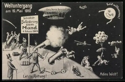 Künstler-AK Weltuntergang 19. Mai 1910, Menschen werden aus Kanonen zum Mond geschossen, Dackel
