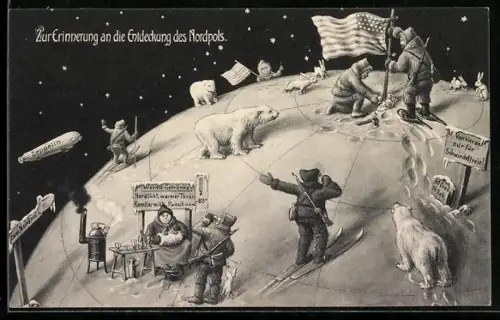 AK Amerikaner bei der Entdeckung des Nordpols, Zeppelin im Flug