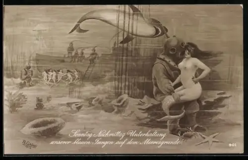 AK Sonntag Nachmittag-Unterhaltung unserer blauen Jungen auf dem Meeresgrunde, Taucher bandelt mit einer Nixe an
