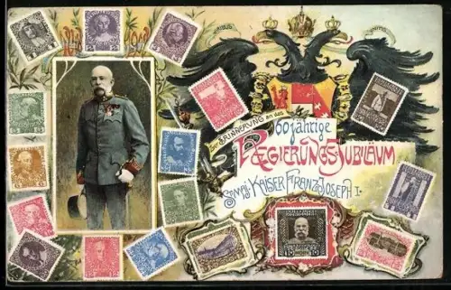 AK Briefmarken zu Kaiser Franz Josef I. von Österreichs 60. Regierungs-Jubiläum 1908, Adler, Wappen