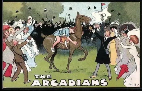Künstler-AK Tom Browne: The arcadians, Zuschauer umjubeln den Reiter auf dem Pferd