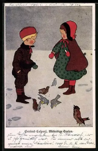 Künstler-AK Gertrud Caspari: mitleidige Seelen, Kinder füttern Vögel im Winter