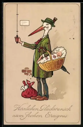 AK Storch mit Baby klingelt an einer Tür