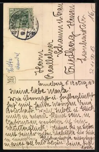 AK Storch mit Baby klingelt an einer Tür