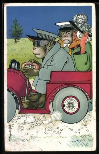 Künstler-AK Meggendorfer Blätter Nr. 6: Affe fährt Gans im Auto, vermenschlichte Tiere
