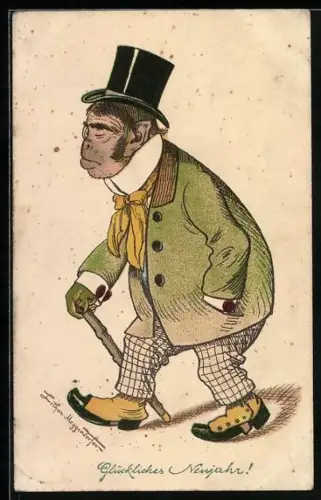 Künstler-AK Meggendorfer Blätter Nr. 978: Herr Affe mit Stock und Hut